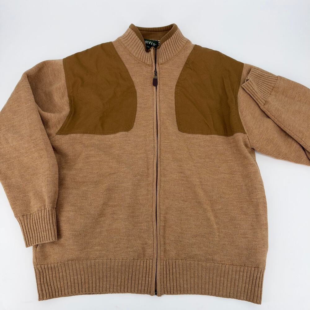 Orvis Mens Full Zip Wool Shooting Sweater Tan with Brown Shoulders Sz L Preowned